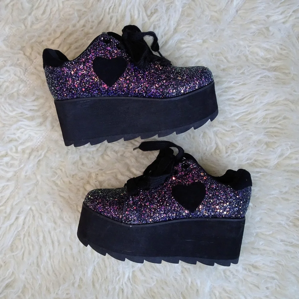 Black and Purple Glitter YRU Lala Platform Sneakers Size 6 - Picture 2 of 6